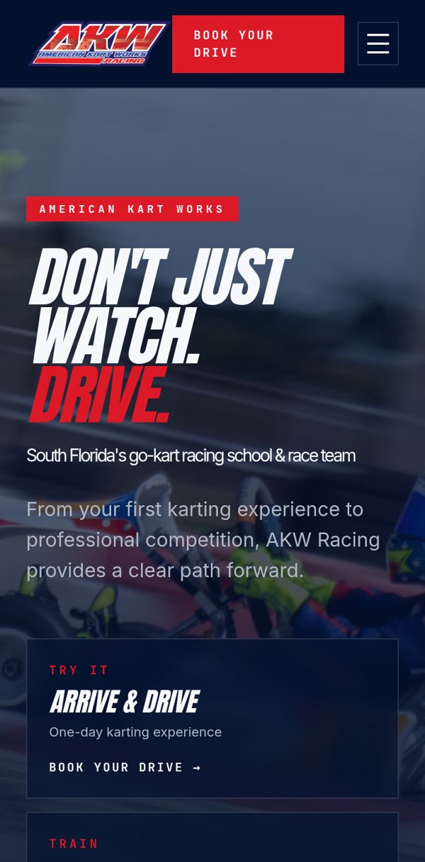 Mobile view of the AKW Racing website homepage